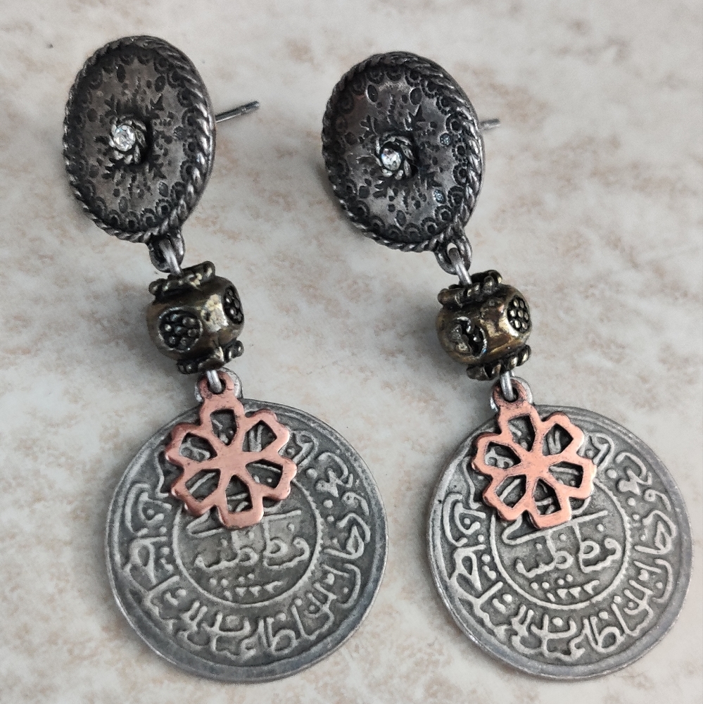 Artisan Silver Metal Islamic Urdu Coin Dangling Earrings